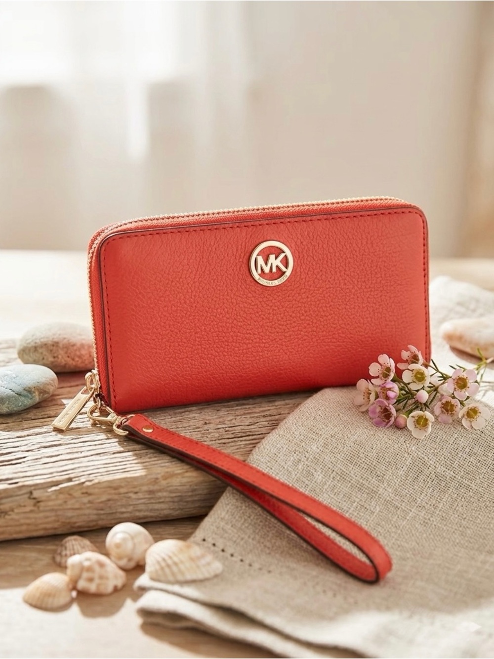Michael Kors Coral Red Zip Wristlet with Gold Logo